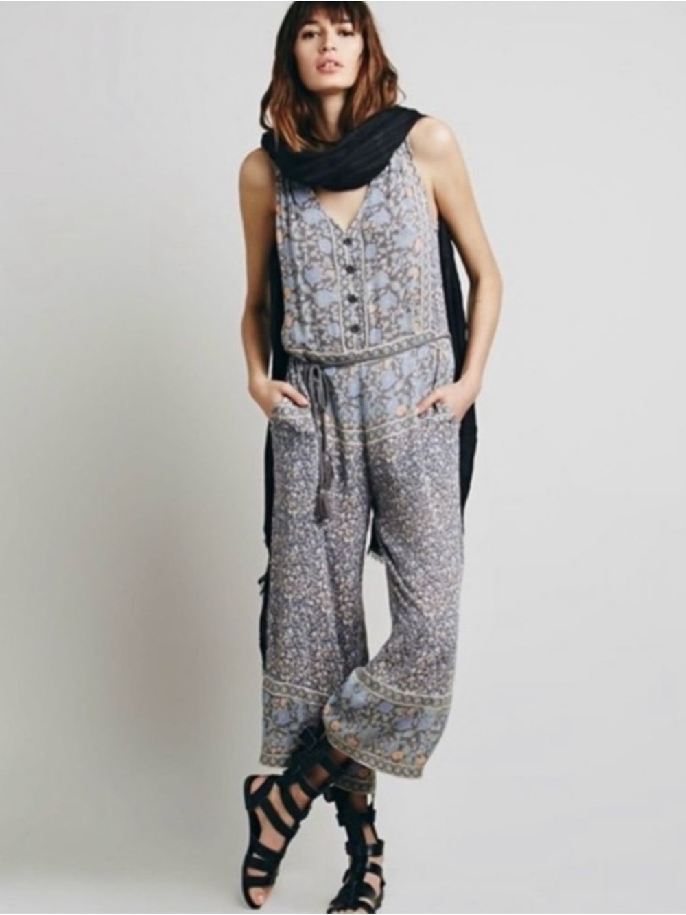 Free People Jumpsuit Womens Small Boho Floral Cottagecore Hippie Grunge Festival